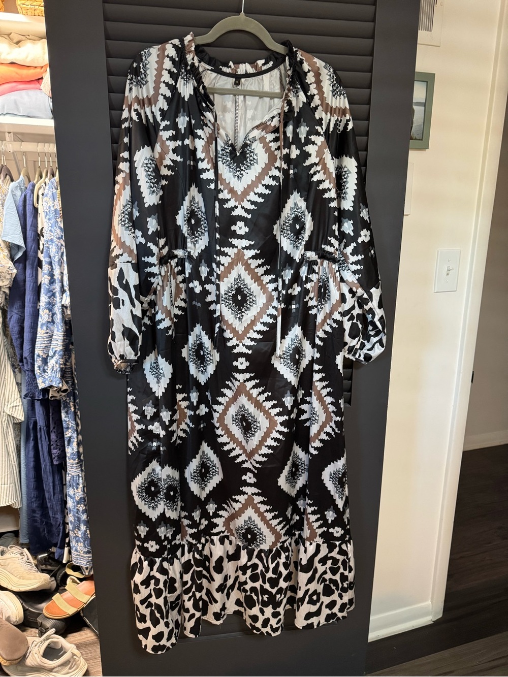 Black & Brown Geometric Maxi Dress with Tie Neck and Waist (in the back)